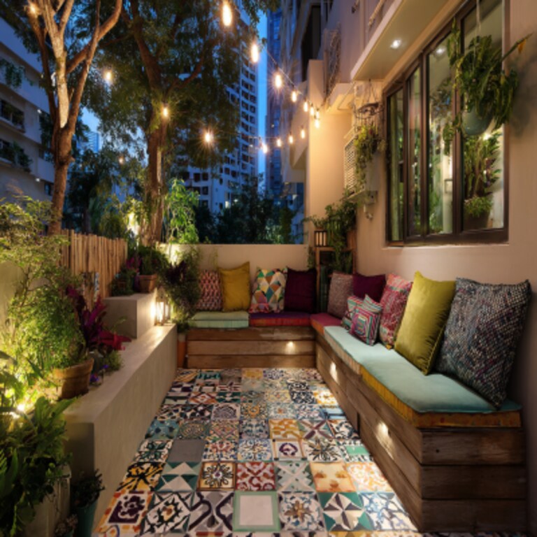 Bohemian Balcony Design With Patterned Tiles and Built-in Seating